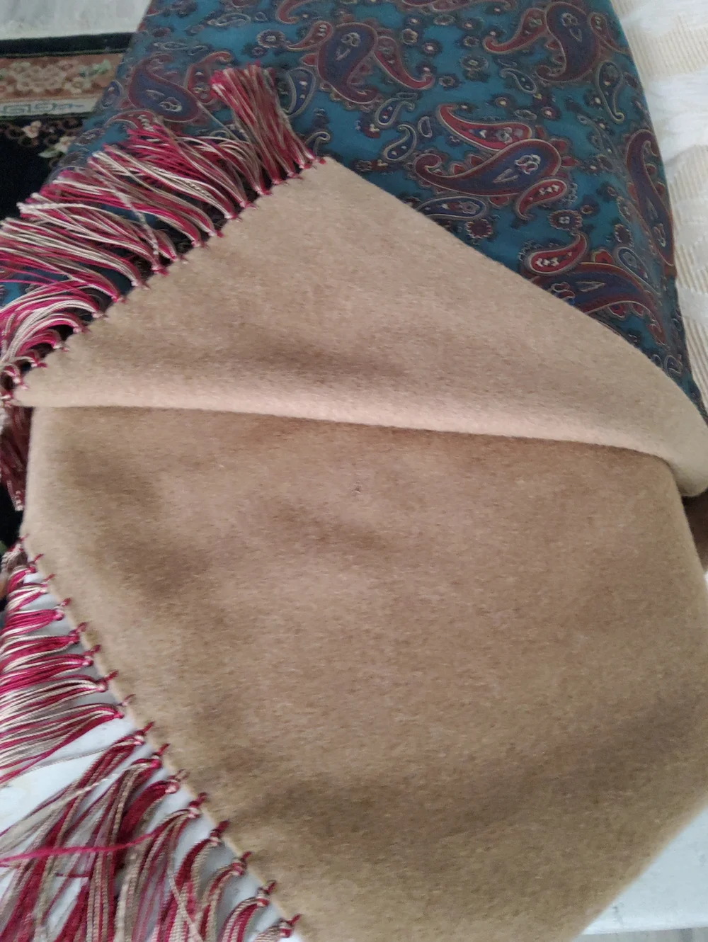 Classic Men's Camel Reversible Scarf with Paisley Lining